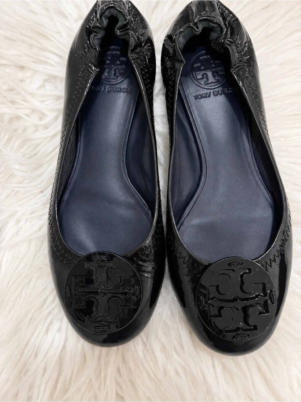 Tory Burch Black Patent Logo Round-Toe Ballet Flats